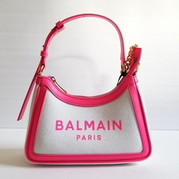 Balmain B-Army Canvas Leather Shoulder Bag White Pink - Picture 1 of 7